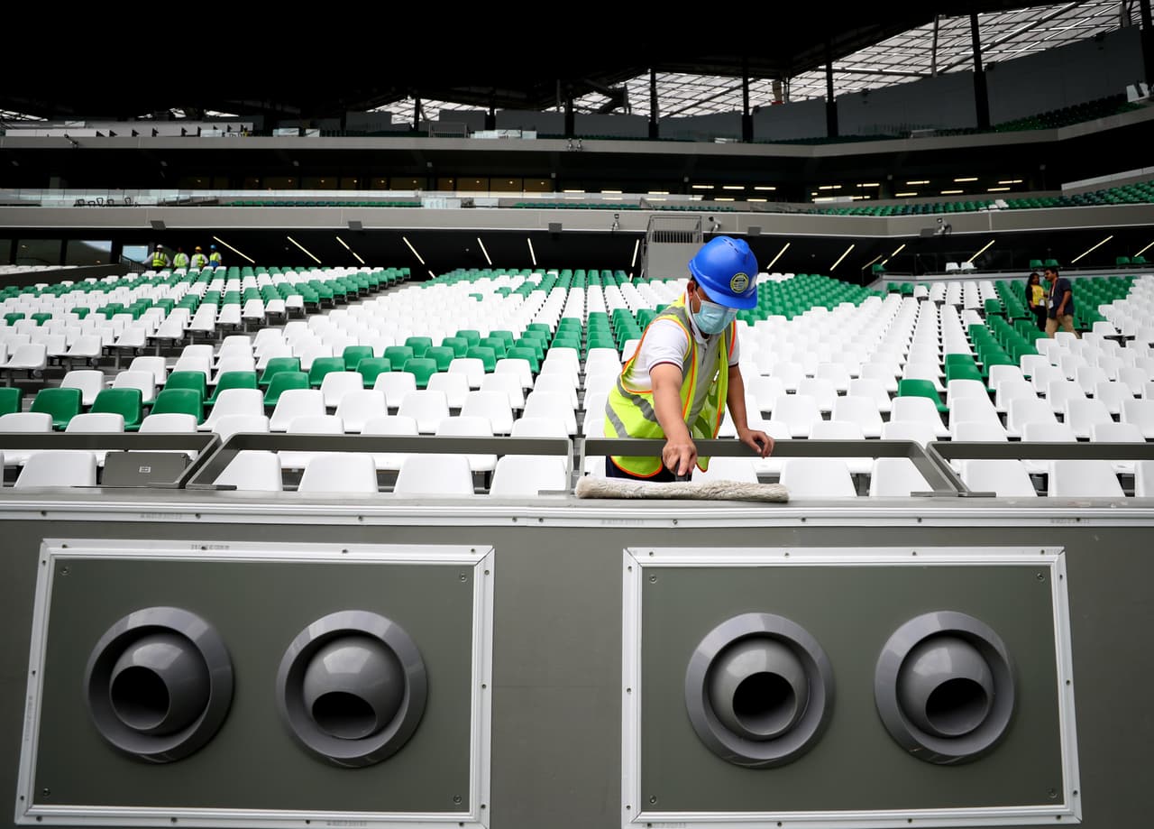 DOHA, QATAR - DECEMBER 15: A worker is seen inside the stadium during a stadium tour ahead of the FIFA World Cup Qatar 2022 at Education City Stadium on December 15, 2019 in Doha, Qatar. (Photo by Francois Nel/Getty Images)