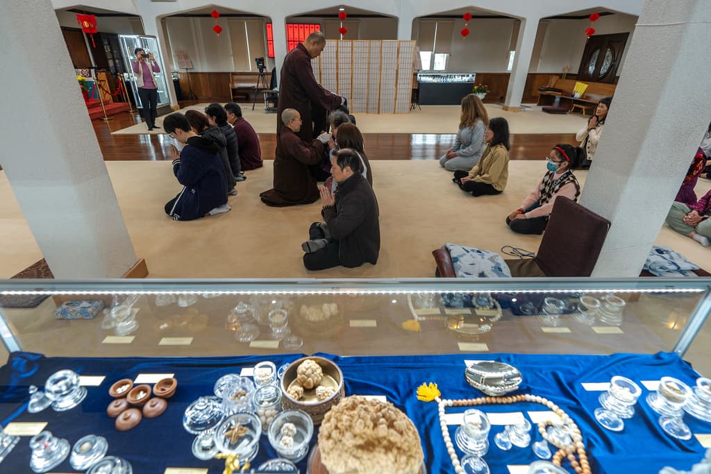 La colección '10,000 reliquias de Buda' muestra 
<b>huesos y dientes</b> que se cree provienen de 
<b>los cuerpos de Buda, sus familiares y discípulos</b>. También incluye numerosas 
<b>shariras</b>, que son objetos coloridos con forma de 
<b>perla o cristal</b>, extraídos de las cenizas incineradas de maestros budistas y de Buda.