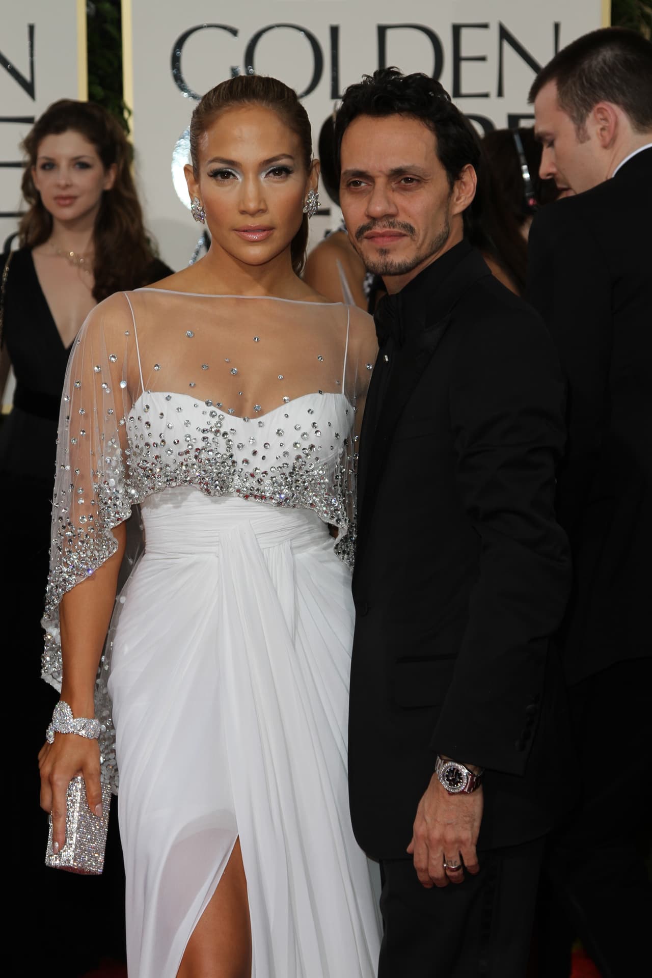 JLo también participó en la alfombra roja de los Golden Globe en 2011, cuando llegó acompañada de Marc Anthony. En esa edición utilizó un vestido blanco.