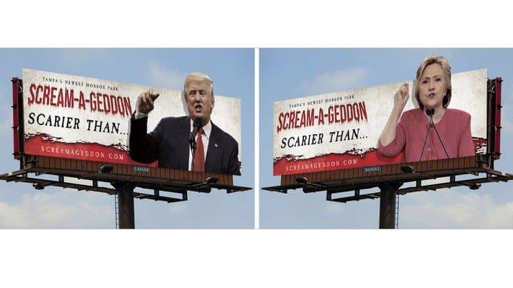 Scream-A-Geddon, el parque de atracciones con temática de terror de Tampa, Florida, aseguró en sus vallas, en la Interestatal 275, ser más aterrador que los dos candidatos a la presidencia.