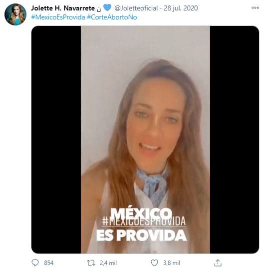 En julio de 2020, Jolette Hernández Navarrete utilizó su cuenta de Twitter para compartir un video en el que se le escucha decir: "Quiero y exijo leyes que verdaderamente protejan y apoyen a la mujer embarazada y no que promuevan la muerte de los más débiles".