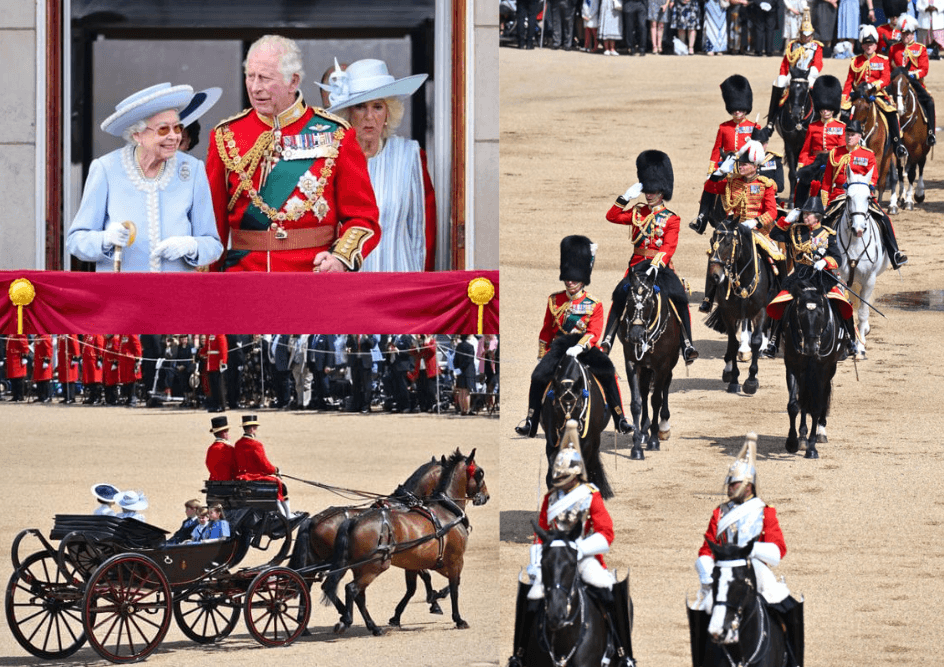 El príncipe Carlos, heredero al trono británico, representó a su madre durante el desfile; su primogénito, William, y la princesa Ana, se unieron a los militares a caballo; mientras que Camilla, la duquesa de Cornualles, y Kate Middleton, esposa de William y duquesa de Cambridge, junto con sus tres hijos, asistieron en carroza.