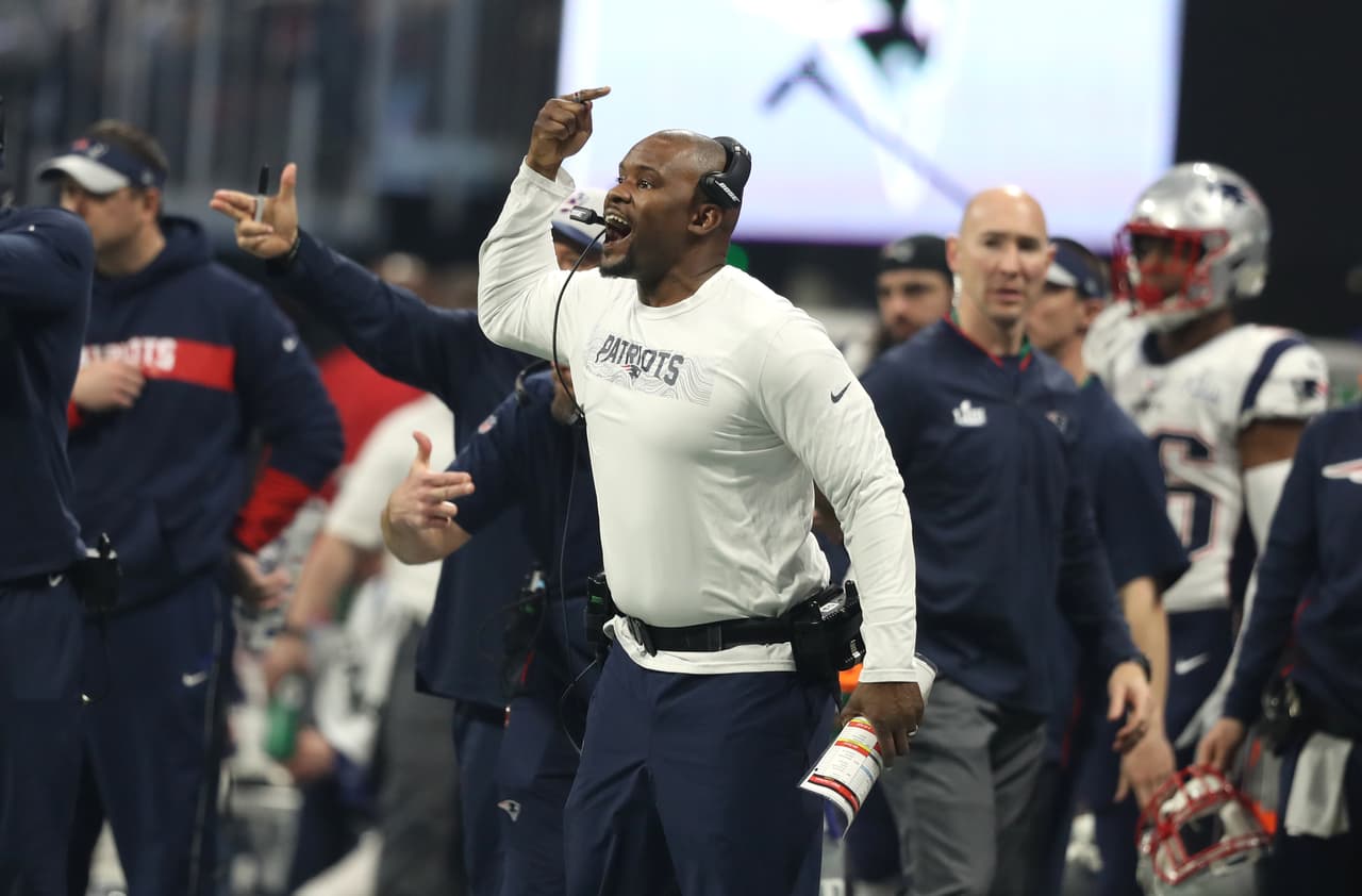 Patriots defensive coordinator Brian Flores during the fourth quarter. The New England Patriots play the Los Angeles Rams in Super Bowl LIII at Mercedes-Benz Stadium in Atlanta on Feb. 03, 2019.
