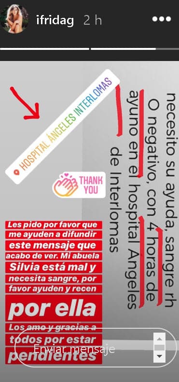 <b><a href="https://www.univision.com/famosos/la-extranamos-sylvia-pasquel-espera-que-frida-sofia-medite-en-la-cuarentena-y-se-reencuentre-con-la-familia-fotos">Frida Sofía se olvidó de sus diferencias familiares</a></b> y se unió a la causa compartiendo el mensaje que publicó su madre Alejandra Guzmán para pedir donadores.
<br>