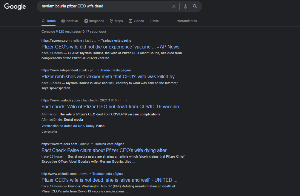 Captura de pantalla de la búsqueda en Google sobre la supuesta muerte de Myriam Bourla