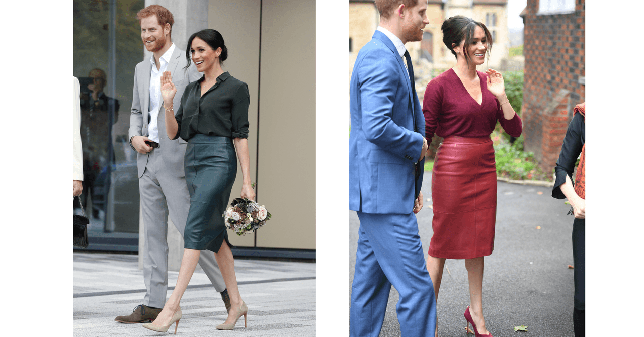 En ocasiones, un atuendo nos gusta tanto que quisiéramos tenerlo en varios colores. En su paso por la realeza británica, Meghan Markle hizo algo por el estilo. En octubre del 2018 se dejó ver con una falda lápiz de cuero con una camisa del mismo tono de verde y una año después lució un look muy similar, pero en color vino.
