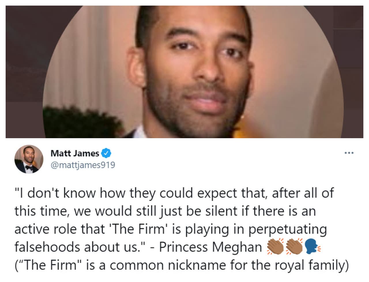 Matt James, deportista y participante en el reality show 'The Bachelor', aplaudió a Meghan Markle cuando dijo que la familia real británica 
<b><a href="https://www.univision.com/famosos/meghan-markle-acusa-familia-real-perpetuar-falsedades-entrevista-oprah-winfrey" target="_blank">ha "perpetuado falsedades"</a></b> acerca de ella y su marido.