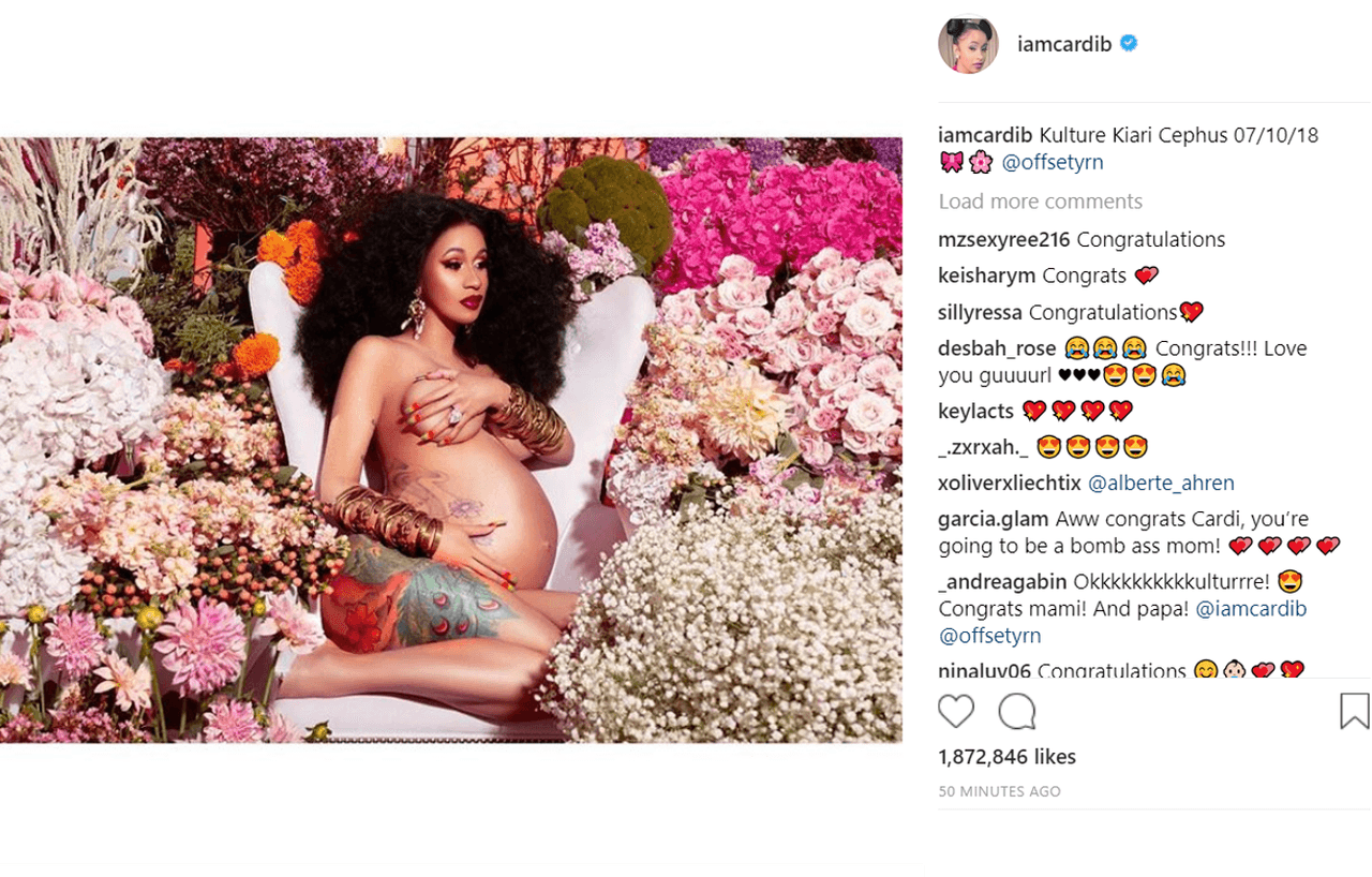 <b>Belcalis Marlenis Almanzar</b>, nombre de pila de la artista, anunció con esta publicación en 
<a href="https://www.instagram.com/iamcardib/">Instagram</a> el nombre de su bebé:
<b> Kulture Kiari Cephus. </b>La niña es producto de su relación con el rapero 
<b>Offset</b>, de 26 años, quien la compañó durante el parto.
