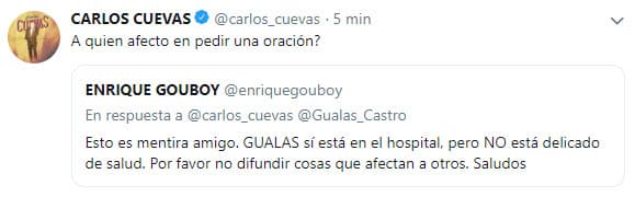 Enrique Gou también aclaró la situación a través de Twitter contestando el mensaje de Cuevas, quien replicó diciendo que a nadie afectaba con su petición.
<br>