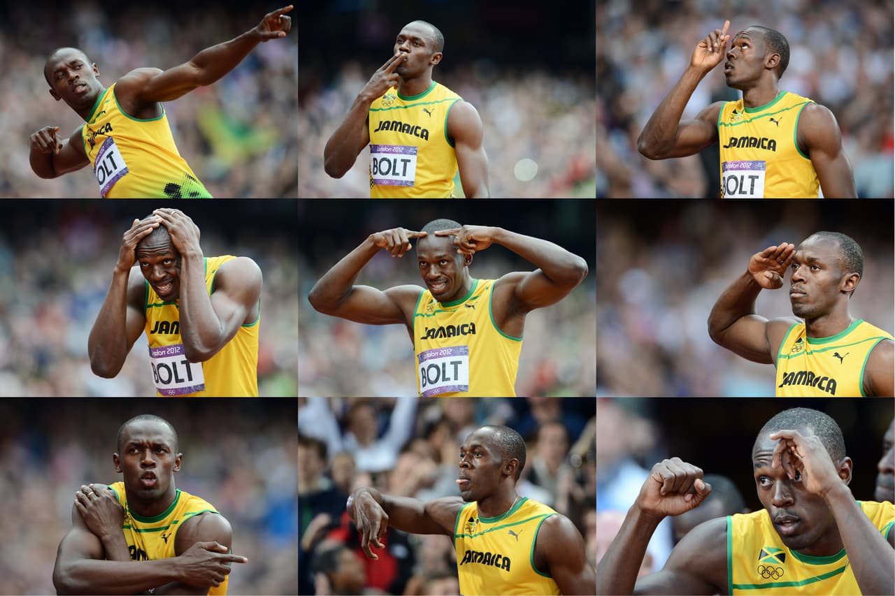 Combinación de fotografías que muestran los diferentes gestos que Usain Bolt repitió durante las olimpiadas de Londres, y que desde entonces forman parte de los Juegos Olímpicos.
