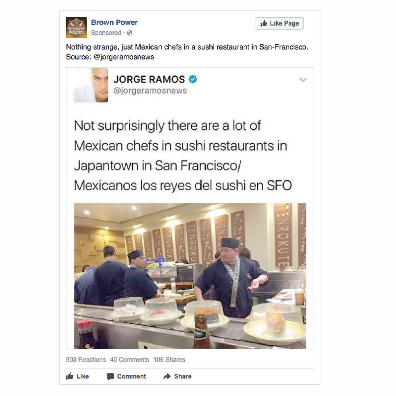 <b>Anuncio 2664.</b> “Nada extraño. Sólo cocineros mexicanos en un restaurante de sushi de San Francisco. Fuente @Jorgeramosnews”. “No sorprende que haya muchos cocineros mexicanos en restaurantes de sushi en el barrio japonés de San Francisco”. 
<br>
<b>Costo:</b> 195.64 rublos (3.14 Dólares)