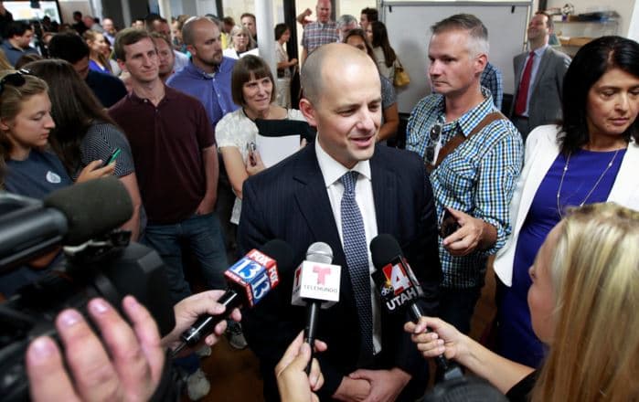 Evan McMullin en la presentación de su campaña en Salt Lake City esta semana./Getty Images