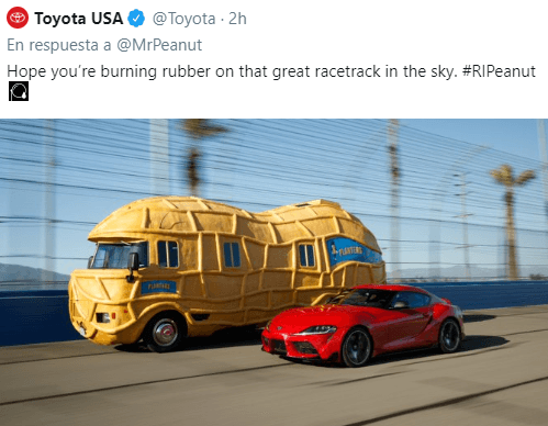 La división de Toyota en EEUU también lamentó la partida de Mr. Peanut y lo hizo con una imagen de 
<b><a href="http://uni.vi/PJfL101C8hd" target="_blank">su poderoso Supra 2020</a></b> junto a un auto en forma de maní, similar al que sufrió el accidente. “Esperamos que estés quemando llantas en esa gran pista de carreras del cielo”, escribieron.