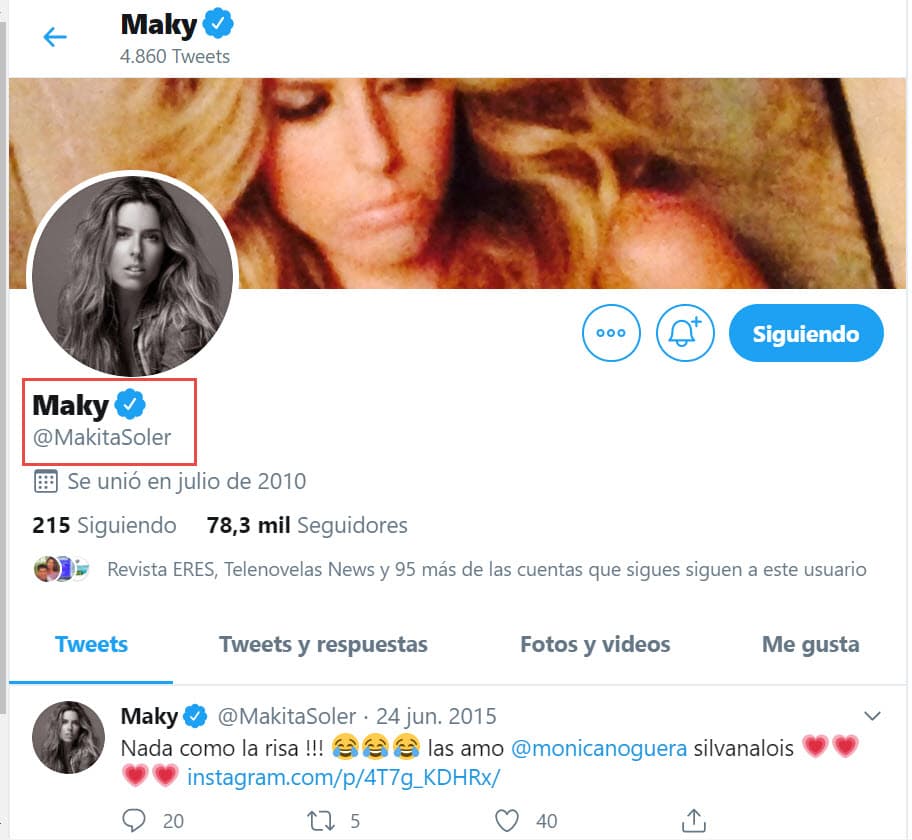 En 
<b><a href="https://twitter.com/makitasoler?lang=es" target="_blank">Twitter</a></b> también 
<b>mantiene el apellido Soler</b>, pero su última publicación data del 24 de junio de 2015.
<br>