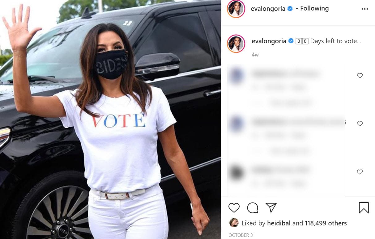 Desde un mes antes de la jornada electoral, 
<b><a href="https://www.univision.com/entretenimiento/chismes/eva-longoria-es-una-de-las-celebridades-mas-solidarias-video" target="_blank">Eva Longoria</a></b>
<a href="https://www.univision.com/entretenimiento/chismes/eva-longoria-es-una-de-las-celebridades-mas-solidarias-video" target="_blank"> </a>también invitó a sus fans a que no olvidaran ejercer su derecho.