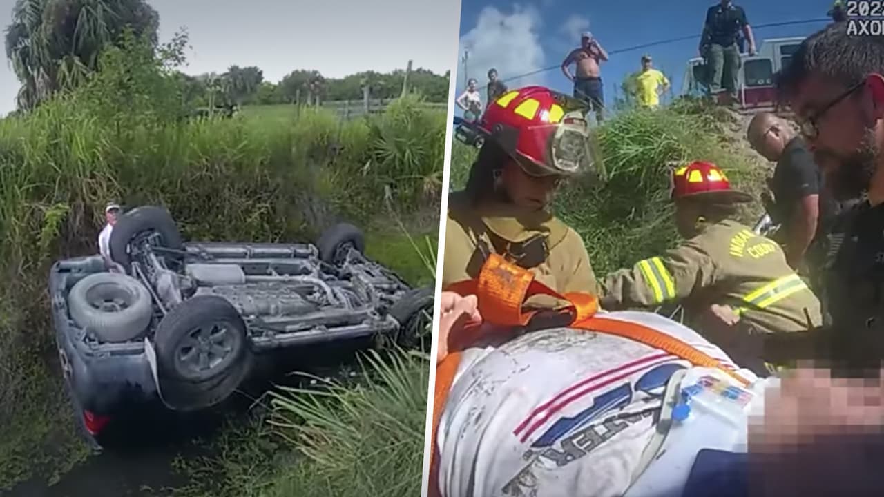 Rescatan a una mujer de un accidente automovilístico que la dejó boca abajo en un canal