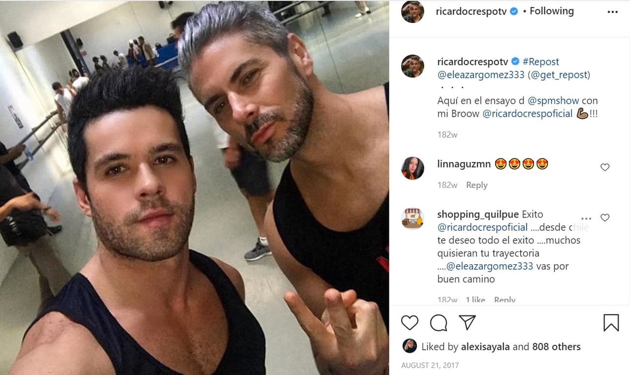 En la cuenta de Instagram de Ricardo Crespo 
<b><a href="https://www.instagram.com/p/BYE3_6PhBXB/" target="_blank">existen algunas fotos con Eleazar Gómez</a></b>, con quien coincidió en 2017 en el espectáculo 'Solo para mujeres'. Gómez, quien actualmente 
<b><a href="https://www.univision.com/shows/el-gordo-y-la-flaca/eleazar-gomez-cambia-su-equipo-de-defensa-legal-pues-su-abogado-lo-dejo-a-causa-del-coronavirus-video" target="_blank">enfrenta un proceso penal</a></b> acusado de violencia familiar equiparada, lo llamaba en ese entonces "hermano".