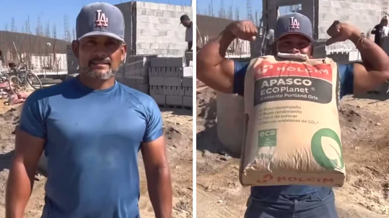 Albañil impacta a TikTok por su gran fuerza: levanta una bolsa de cemento con sus dientes