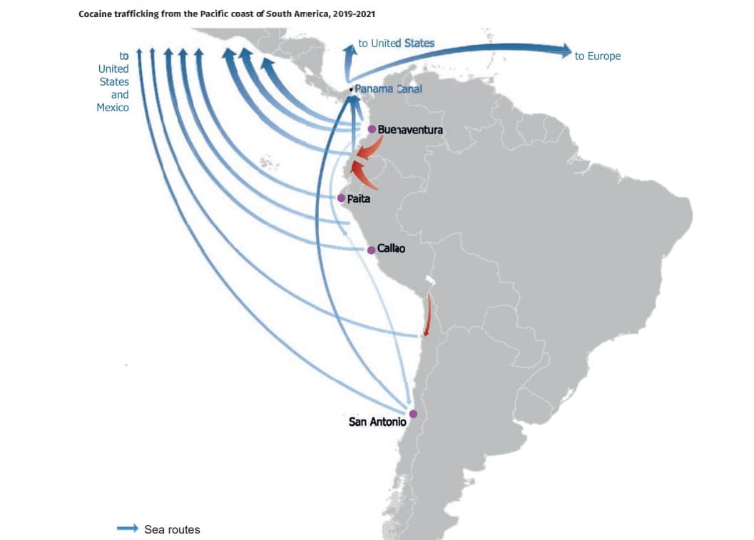Mapa de la ONU en el que se indica una nueva ruta de los traficantes de cocaína que hace escala en San Antonio, Chile.