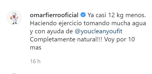 El actor escribió en la imagen que
<b> <a href="https://www.univision.com/famosos/famosos-que-bajaron-de-peso-transformacion-fotos" target="_blank">tiene 26 libras menos</a></b> (12 kilos) en semanas recientes con base solo de "ejercicio y tomando mucha agua", dijo sobre el método que ha seguido y con el que quiere bajar otras 22 libras. 
<br>