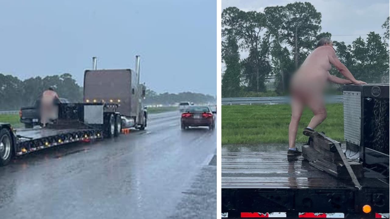 Hombre desnudo se sube a un semirremolque en medio del tráfico en Florida