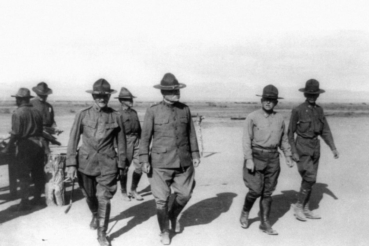 General John Pershing , Commander of the Punitive Expedition against Pancho Villa. Over 11 months, 4,800 U.S. soldiers (which later rose to close to 12,000) traveled through the mountains of Chihuahua and hundreds of miles inside Mexico, and arrived at the city of Parral.
