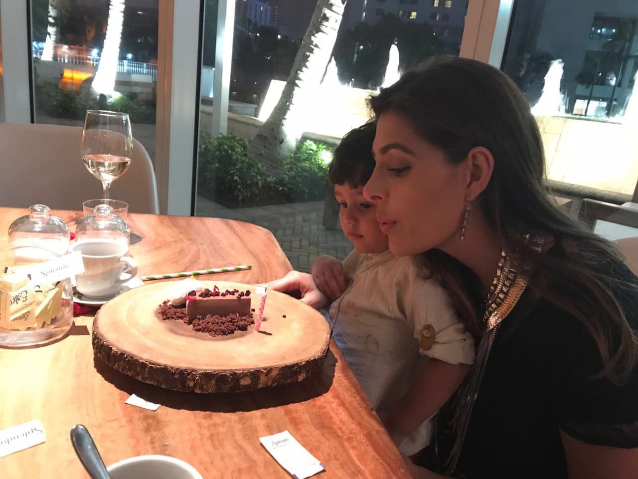 Madre e hijo soplaron las velitas del pastel que estaba delicioso.