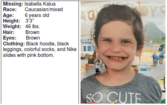 Cartel de información de la Policía de Honolulu sobre la niña Isabella Kalua.