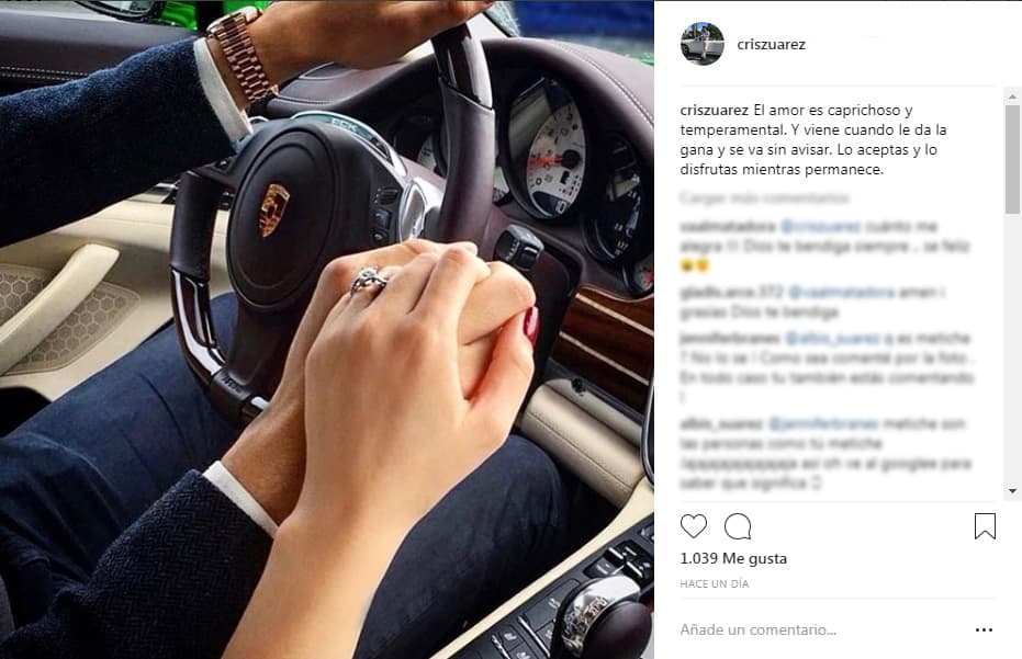 "El amor es caprichoso y temperamental y viene cuando le da la gana, sin avisar. Lo aceptas y lo disfrutas mientras permanece". Sin embargo, la imagen fue eliminada tiempo después de su cuenta de Instagram.