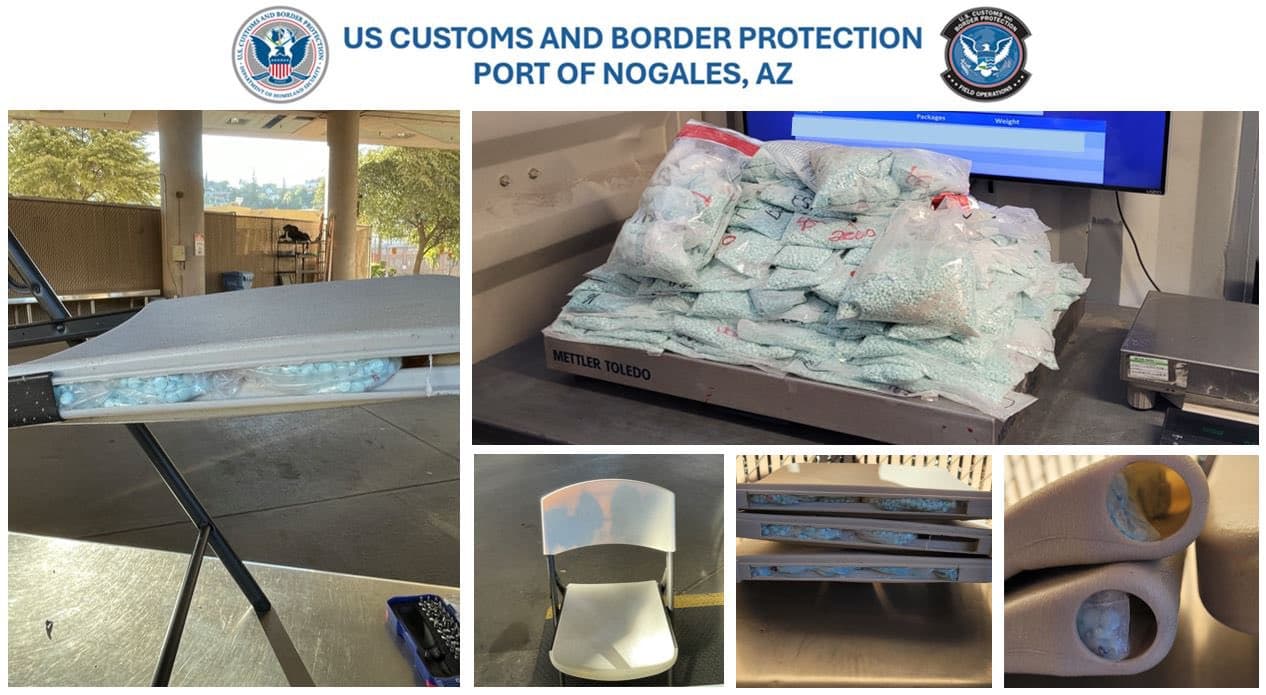 También en noviembre pasado, agentes hallaron 
<b>más de 445,000 píldoras de fentanilo ocultas en sillas </b>plegables.