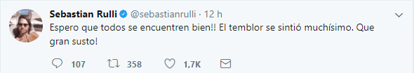 Aún sorprendido por la fuerza del temblor, el actor quein tiene a su hijo en la Ciudad de México, mandó aliento a sus miles de seguidores a través de su cuenta de twitter.