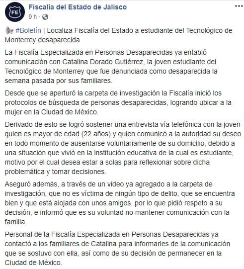 La dependencia informó en un 
<b><a href="https://m.facebook.com/story.php?story_fbid=3370699756336407&id=504989886240756" target="_blank">boletín de prensa</a></b> que la joven se encuentra en la Ciudad de México. Vía telefónica, ella les confirmó que fue su deseo marcharse de donde estaba residiendo.