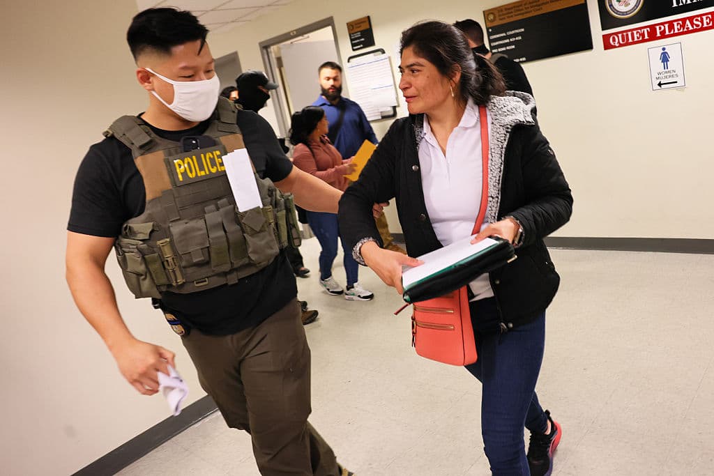 Una mujer es arrestada por ICE tras su audiencia en el Jacob K. Javitz Federal Building el 30 de junio de 2025 en Nueva York. Según UC Berkeley, las detenciones han aumentado significativamente en 38 estados, afectando a quienes buscan resolver su estatus migratorio. (Foto por Michael M. Santiago/Getty Images)
<br>