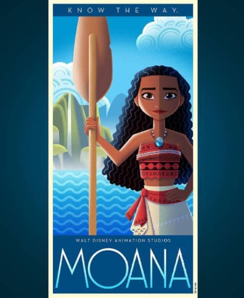 <b>'Moana'</b>
<br>El simbolismo principal de esta estética es el progreso, el orden, lo urbano y las máquinas. Claro que el ilustrador tuvo que adaptarlo a la temática de cada película Disney.
