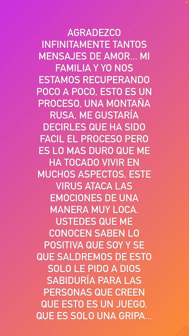 En el escrito que colgó, dijo que ella y su familia se están recuperando "poco a poco" y admitió que ha sido lo "más duro que le ha tocado vivir en muchos aspectos". 
<br>