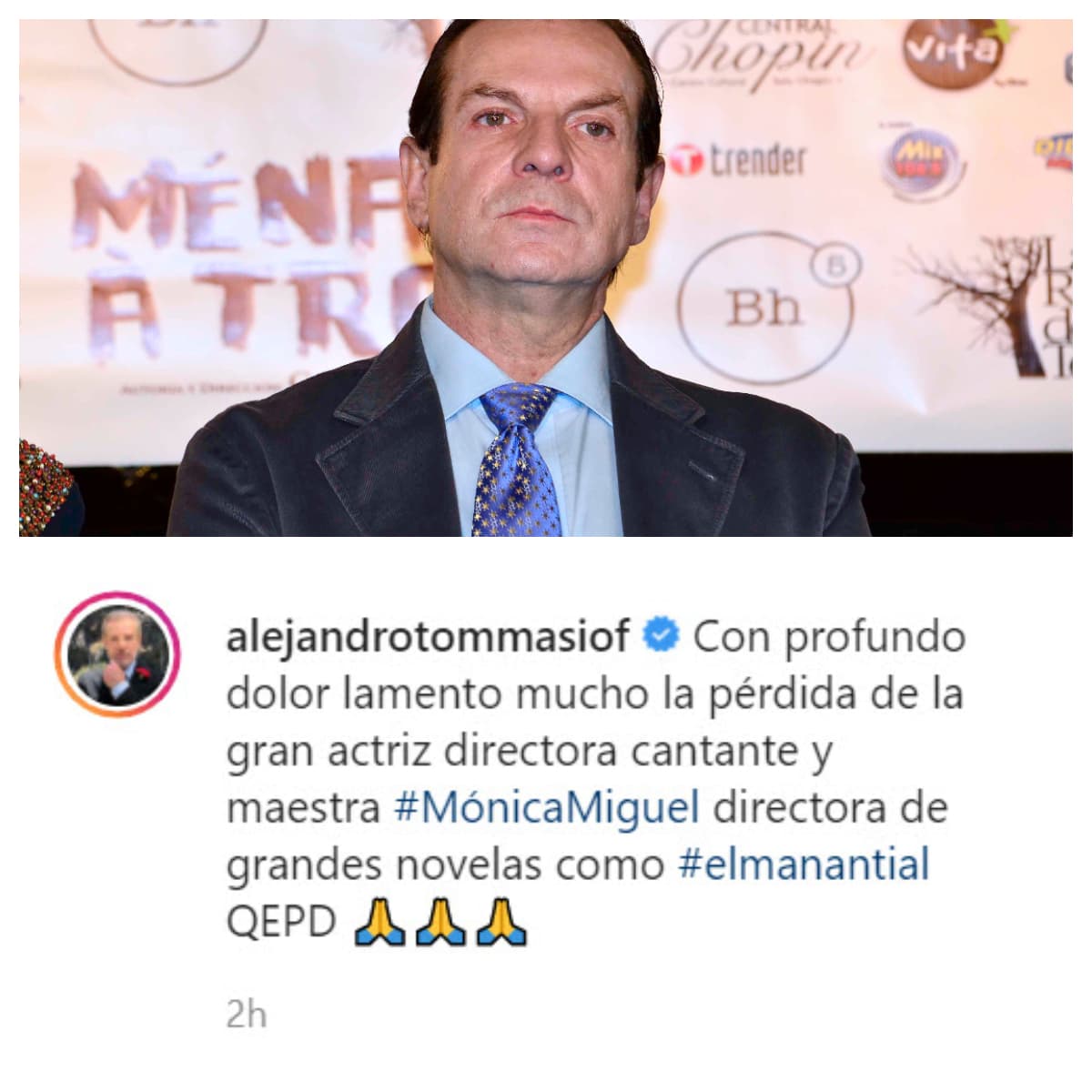 Alejandro Tommasi resaltó la carrera de Mónica Miguel como directora: "
<b><a href="https://www.instagram.com/p/CDypEKkj3rczzmQ3rbhz0p2nDjPhVI-X-Gtu3Y0/" target="_blank">Con profundo dolor</a></b> lamento mucho la pérdida de la gran actriz, directora, cantante y maestra Mónica Miguel, directora de grandes novelas como '
<b>El Manantial'</b>".