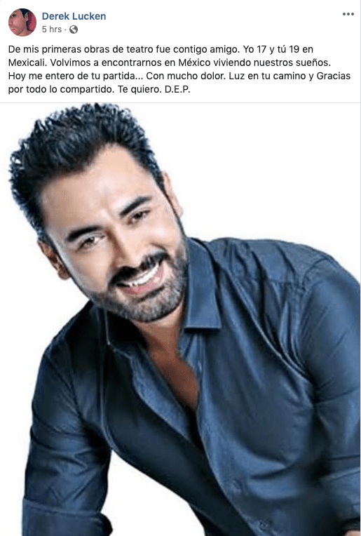 Este domingo, 29 de diciembre, el actor y productor 
<b><a href="https://www.facebook.com/profile.php?id=100017175152620" target="_blank">Derek Lucken</a></b>, confirmó con este mensaje en Facebook que su colega ya descansa en paz.