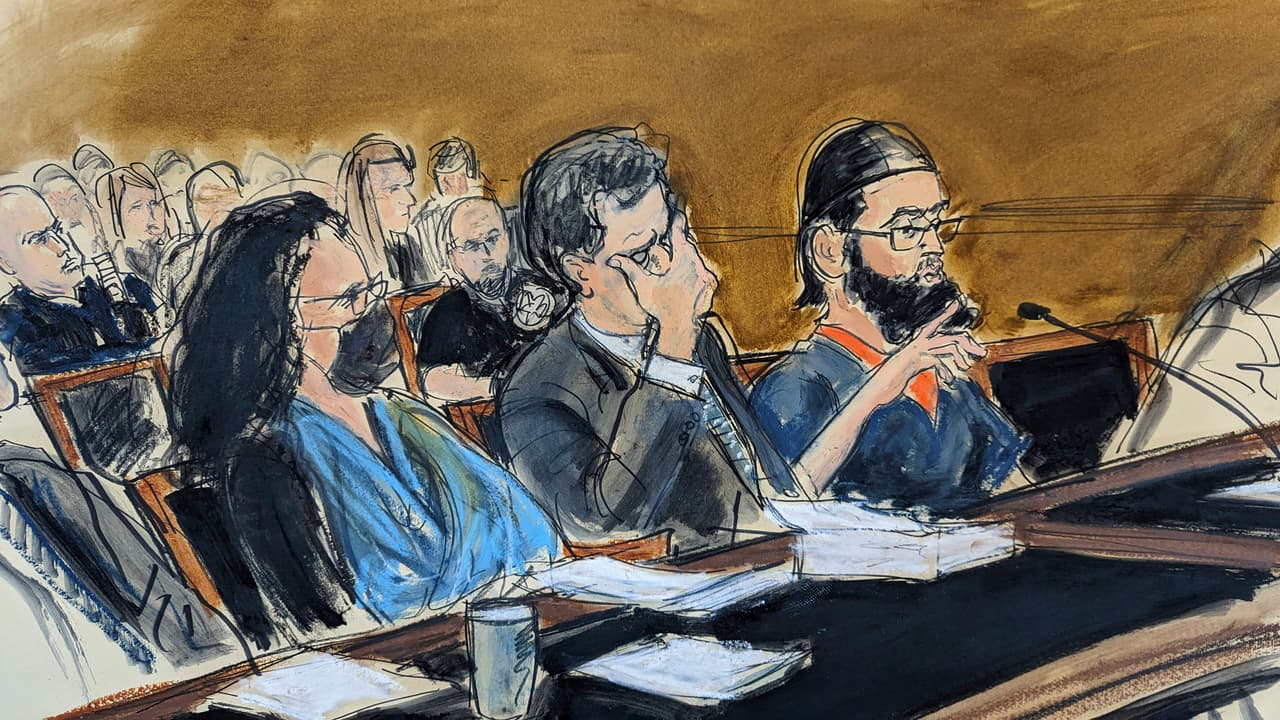 In this courtroom sketch, in federal court in New York, Wednesday, May 17, 2023, Sayfullo Saipov, right, speaks during the sentencing phase of his trial. Seated with Saipov are Federal defender Sylvie Levine, left, and attorney David M. Stern. He was given 10 life sentences and another 260 years in prison on Wednesday for killing eight people with a truck on a bike path in Manhattan and severely injuring 18 others. (AP Photo/Elizabeth Williams)