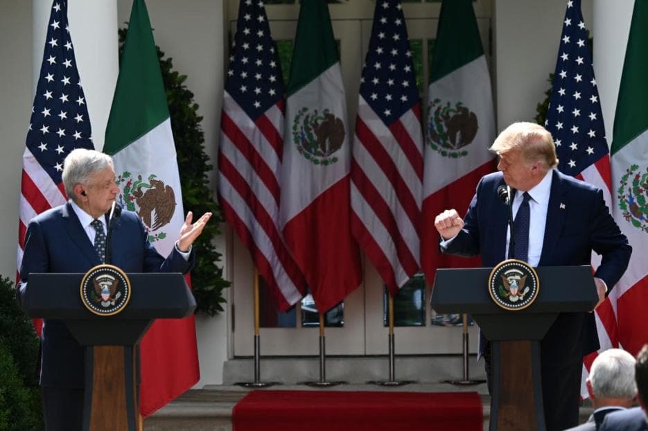 Mexican President Andrés Manuel López Obrador meeting President Donald Trump at the White House, July 8, 2020.