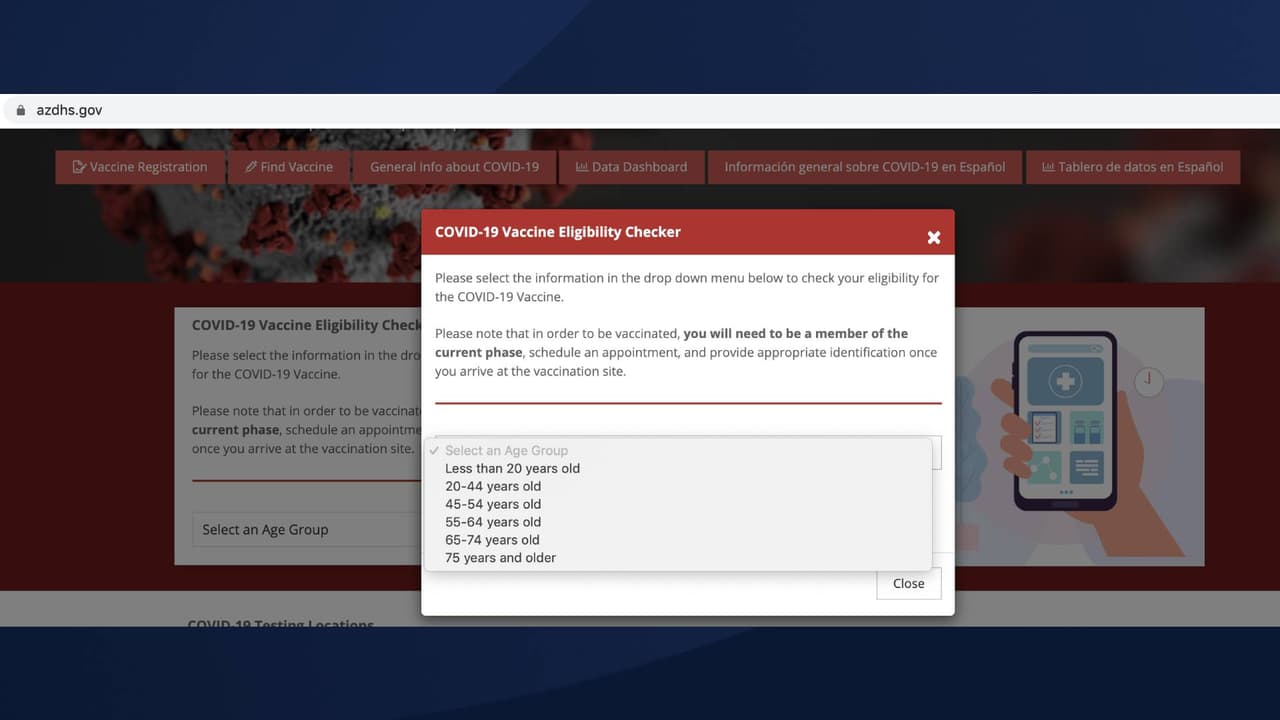El menú para verificar su elegibilidad para la vacuna COVID-19.