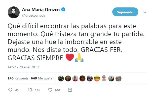 La actriz Ana María Orozco, quien se convitió en 'La Fea', le dedicó algunas palabras al fallecido libretista a través de Twitter.