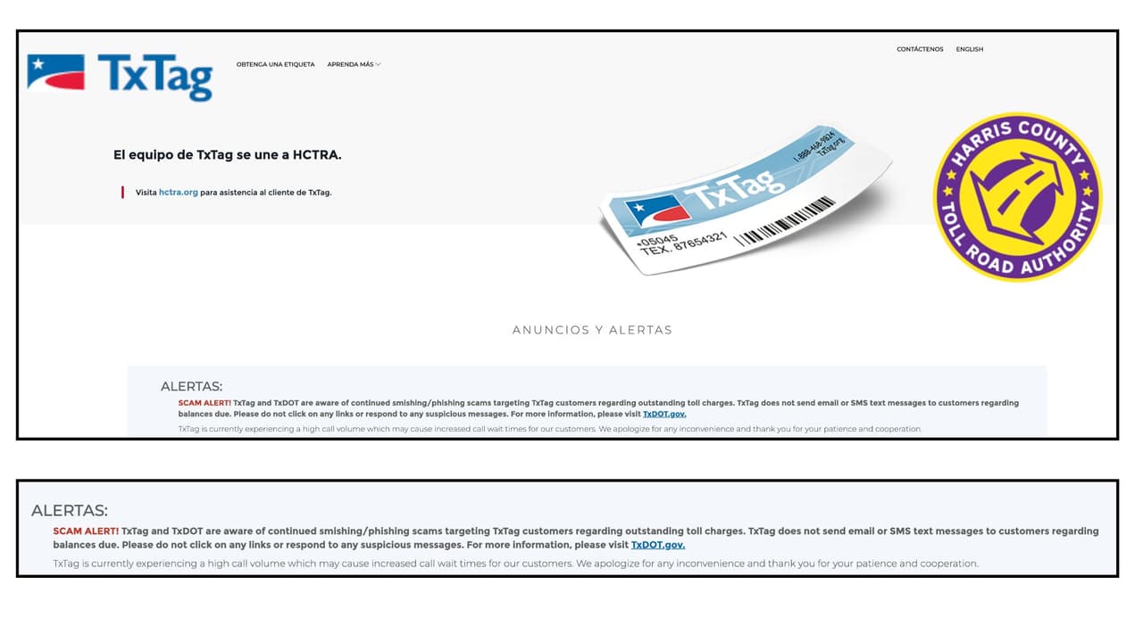 Así luce la página oficial de TxTag en Texas, su dirección es 
<a href="https://www.txtag.org">https://www.txtag.org </a>Ellos advierten los peligros de los mensajes de texto fraudulentos. Recuerda visitar siempre las páginas web de tus servicios para revisar que los mensajes de texto sean auténticos. No caigas en la trampa.