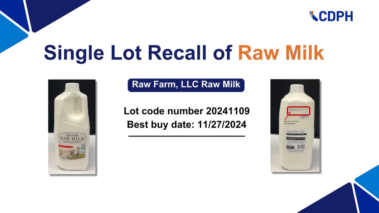 El CDPH advierte contra el consumo de un lote de leche cruda entera con tope de crema de Raw Farm, LLC debido a la detección del virus de la gripe aviar. A pedido del estado, Raw Farm emitió un retiro voluntario del mercado del código de lote 20241109 con fecha de caducidad del 27/11/2024.