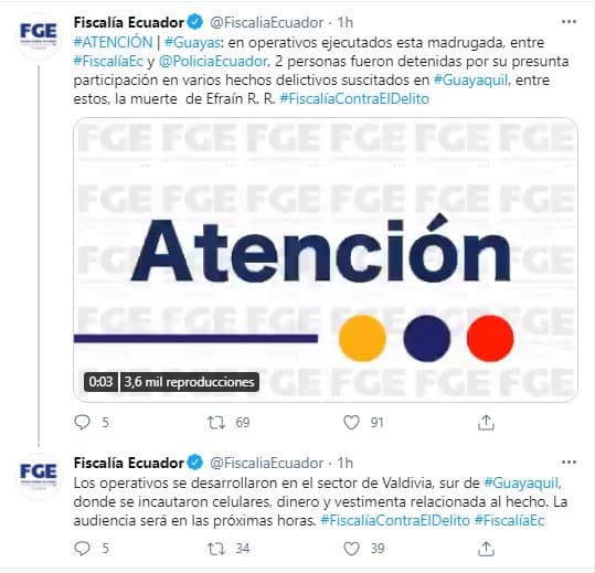 La fiscalía agregó que los operativos se habían desarrollado en el sector de Valdivia, al sur de Guayaquil. Informó que se incautaron celulares, dinero y vestimenta relacionada con el hecho.