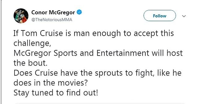McGregor se ofreció a ayudar a Bieber para ser el anfitrión del encuentro y 
<b><a href="https://twitter.com/TheNotoriousMMA/status/1137895575532244992" target="_blank">le respondió en Twitter</a></b>: "Si Tom Cruise es lo suficientemente hombre para aceptar este desafío, McGregor Sports and Entertainment (su empresa organizadora de eventos) será el anfitrión de la pelea. ¿Tiene Cruise la talla para pelear, como lo hace en las películas? ¡Estén atentos para descubrirlo!".