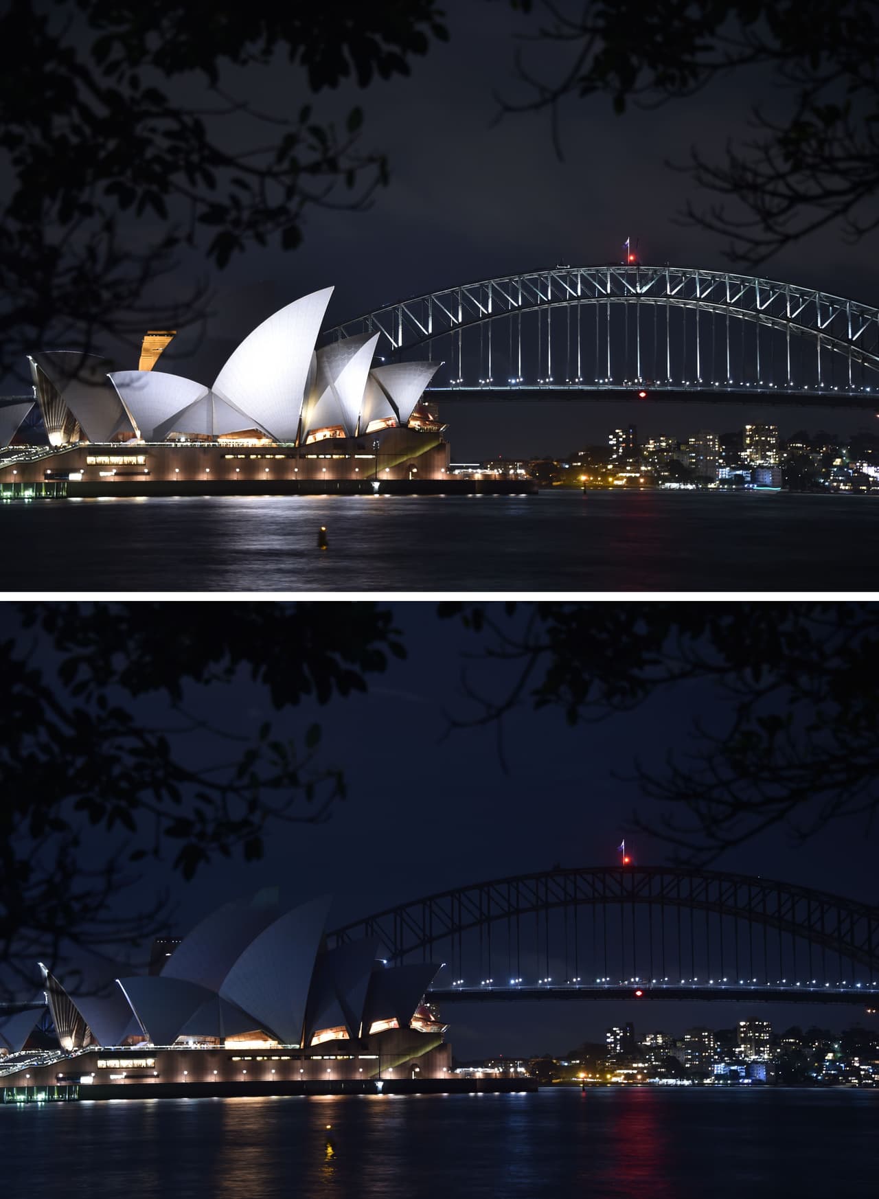 Esta foto combina cómo se observó el Sydney Harbour Bridge y la Opera House antes y después del apagón.