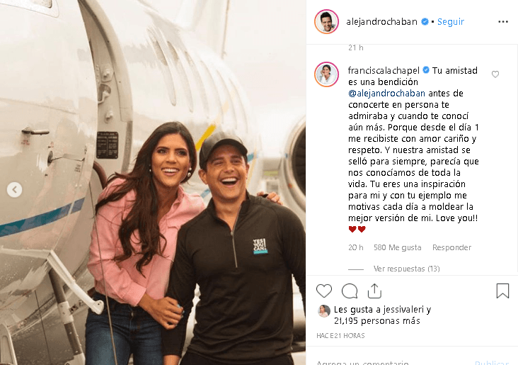 La presentadora latina no dudó en responder el mensaje de Chabán: “Tu amistad es una bendición, antes de conocerte en persona te admiraba y cuando te conocí aún más. Porque desde el día uno me recibiste con amor, cariño y respeto. Y nuestra amistad se selló para siempre, parecía que nos conocíamos de toda la vida. Tú eres una inspiración para mí y con tu ejemplo me motivas cada día a moldear la mejor versión de mí. Love you”.
