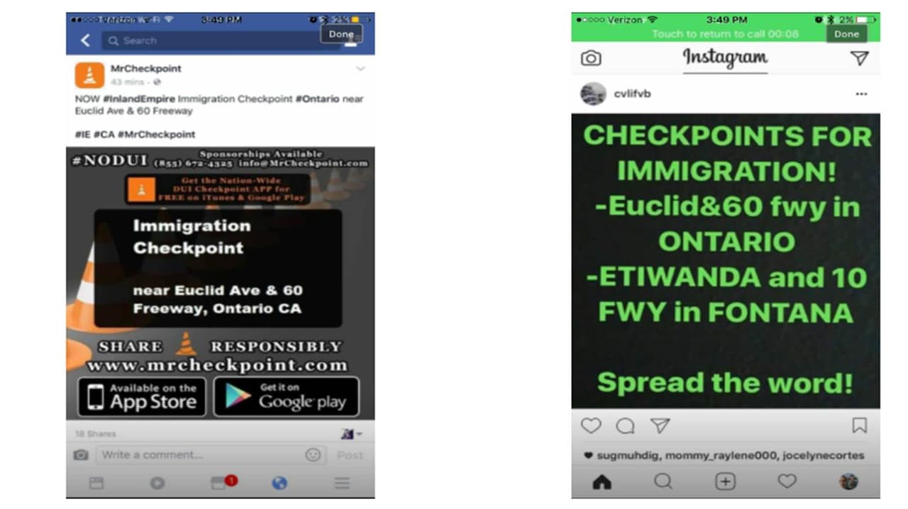 Algunos de las falsas alertas por retenes migratorios que se difundieron en las redes sociales.