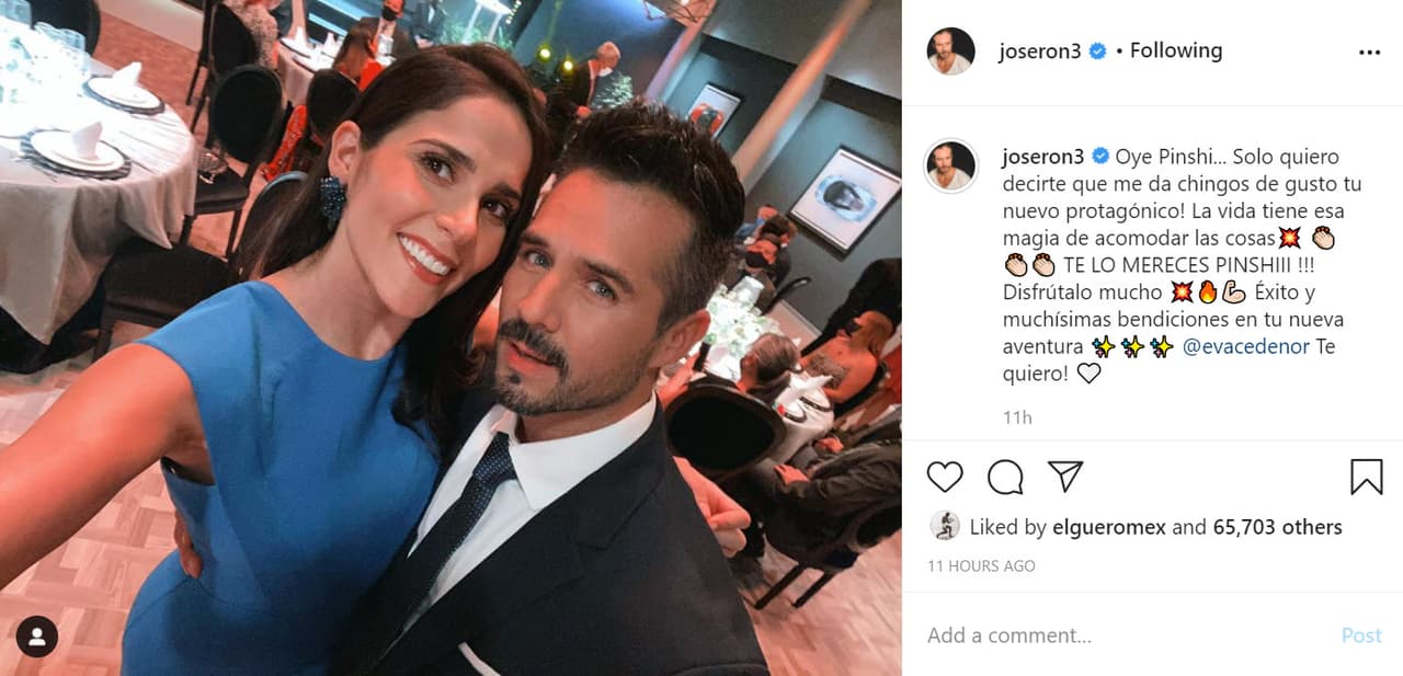 "Oye 'Pinshi'... ¡Solo quiero decirte que me da chingos de gusto tu nuevo protagónico!", escribió Ron a la actriz en Instagram junto con 
<b><a href="https://www.instagram.com/p/CGlurZYJQ-S/" target="_blank">esta foto</a></b>. 
<br>