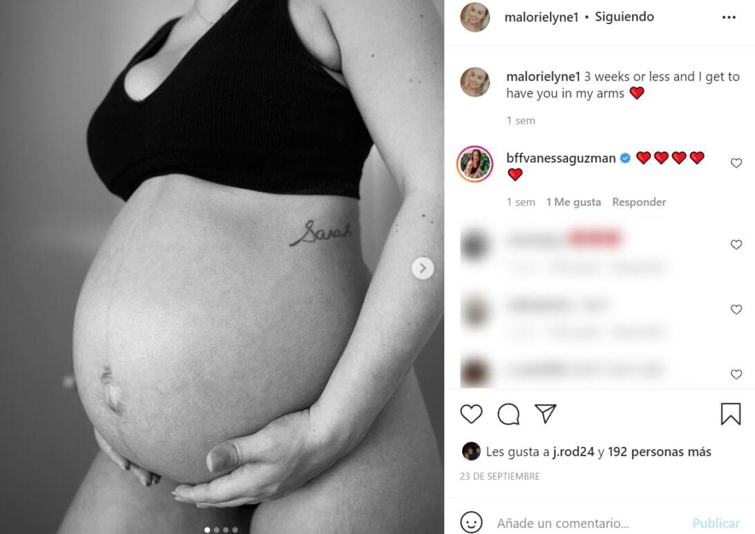 Tras hacer el anuncio de que estaba esperando una niña, Malorie publicó fotos de su avanzado embarazo como esta. "En tres semanas o menos podré tenerla en mis brazos", dijo.